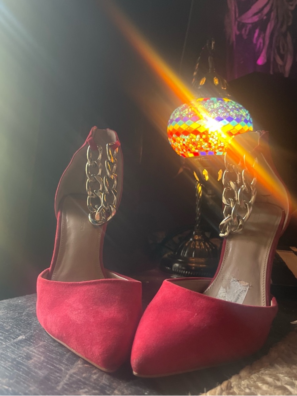 BCBGeneration Red Pointed Heels with Gold Chain Ankle Strap